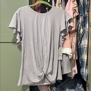Time and Tru White and Black Striped Knot Front Flutter Sleeve Top